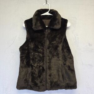 Liz Claiborne Faux Fur Vest Womens M Brown Teddy Reversible Y2K Mob‎ Wife Cozy